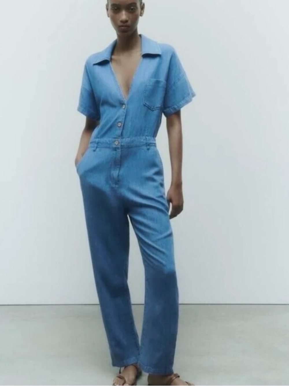 Light Blue Denim Button-Front Jumpsuit